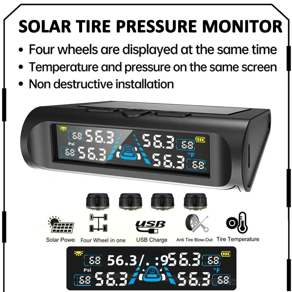 Solar-Powered Tire Pressure Monitoring System Digital LCD Display 0-6.8 Bar Tire Pressure Gauge Car Tire Monitor Bring 4 Sensors