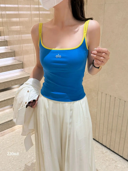 Summer New Pure Desire Letter Print Splice Strap Vest Slimming Color Block One-Piece Women's Vest with Chest Pad U-Neck Nylon