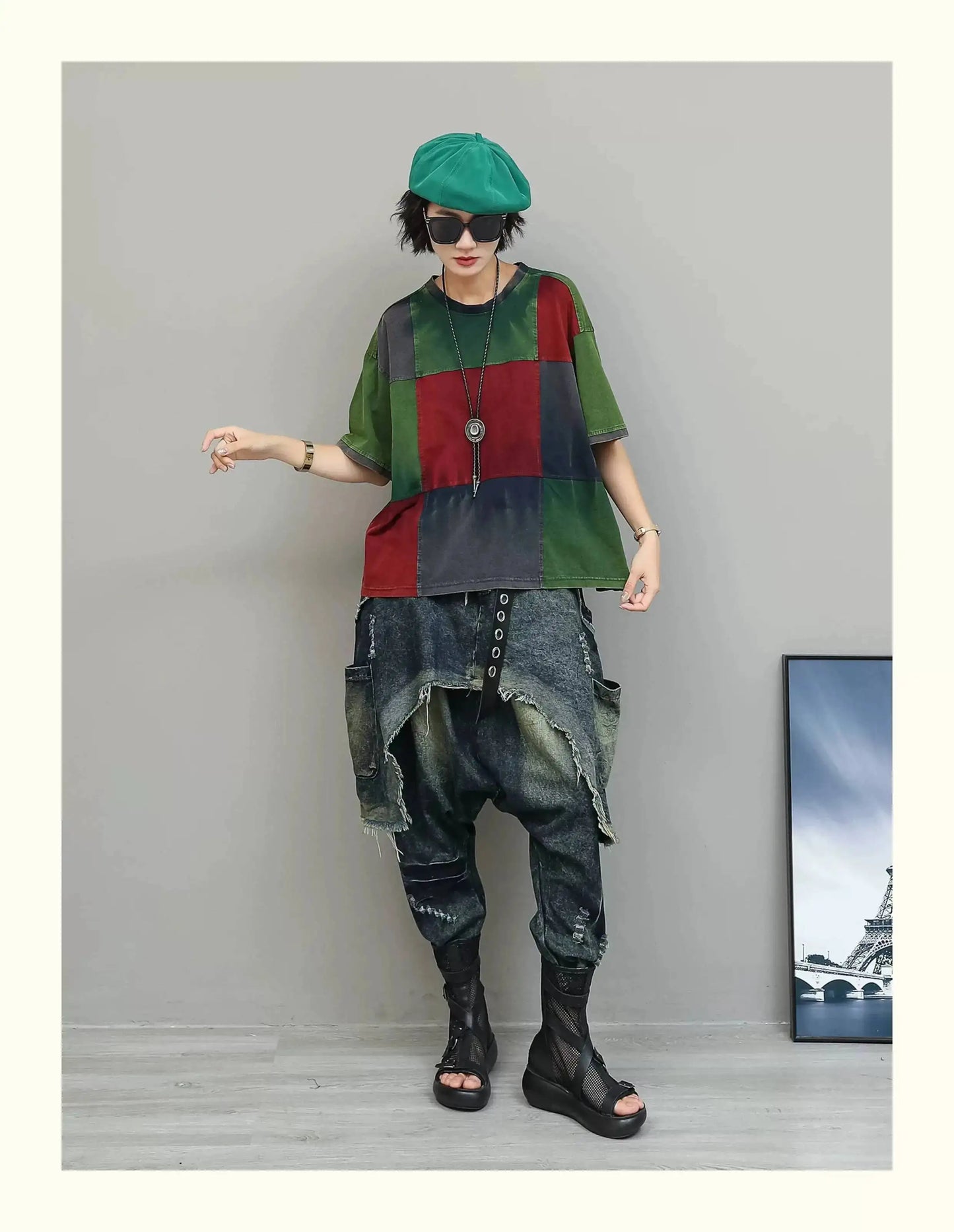 Color-blocked Suit Women Short-sleeve T-shirt + Loose Faux Two-piece Denim Drop-crotch Pants Two Piece Set Summer XY311