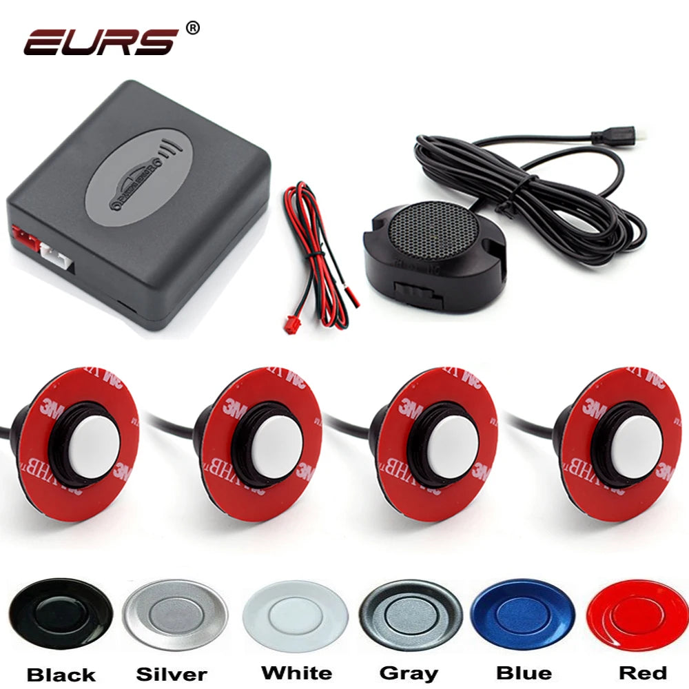 EURS Parktronic 4 sensors Car Backup Radar Parking Sensor Buzzer Detector Assistance Flat Probe System 12V Kit Universal Car Bac
