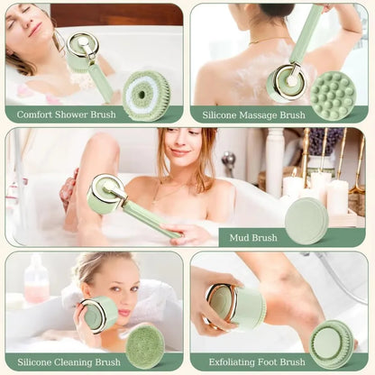 Electric Bath Back Scrubber Long Handle Ipx7 Waterproof Exfoliating Massage Shower Body Cleaning Brushes with 5 Brush Heads