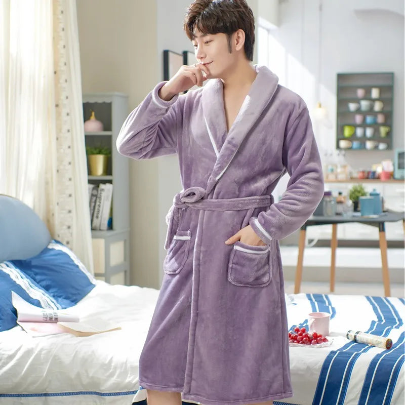 Thickened Flannel Sleepwear Coat for Men And Women Warm Winter Coral Velvet Robe Couple Home Clothes Mid-Length Bath Robe