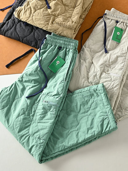 Loose Fit Cotton Pants Men's Winter Casual Straight Leg Thermal Windproof Fashionable Youth Long Trousers Quilted Insert