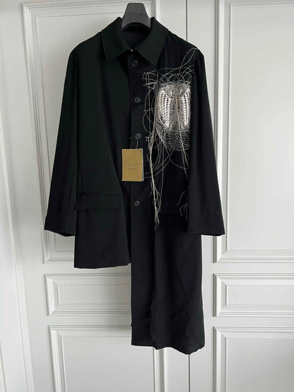 TOP-YAMAMOTO original Design family crest embroidery mirror snake floating thread asymmetrical wool coat