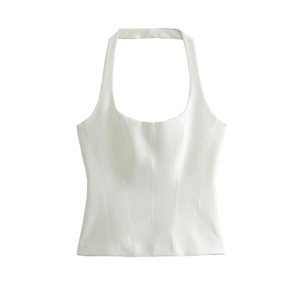 Women's Backless Halter Fitted Tank Tops, Female Camis, O Neck, Side Zipper, Sexy Fashion