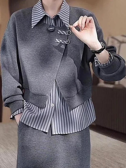 Fashionable Fake Two-Piece Hoodie Split  Skirt Set Women's Long Sleeve  Collar Polyester Fiber Slimming Design Autumn...