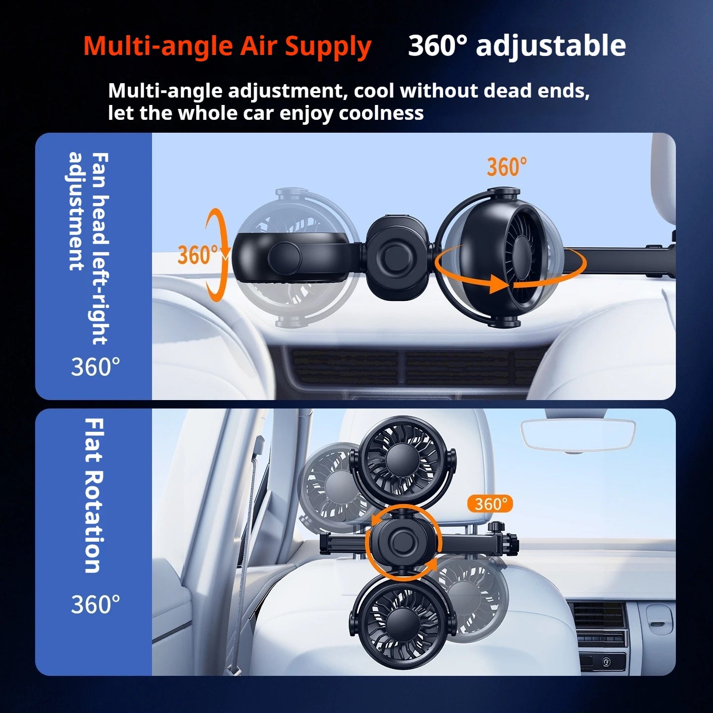 Eary Powerful Car Rear Seat Fan Dual Head 4000mAh 3 Speeds Wind 360°Car Back Headrest Fas With Magnetic Phone Holder Hidden Hook