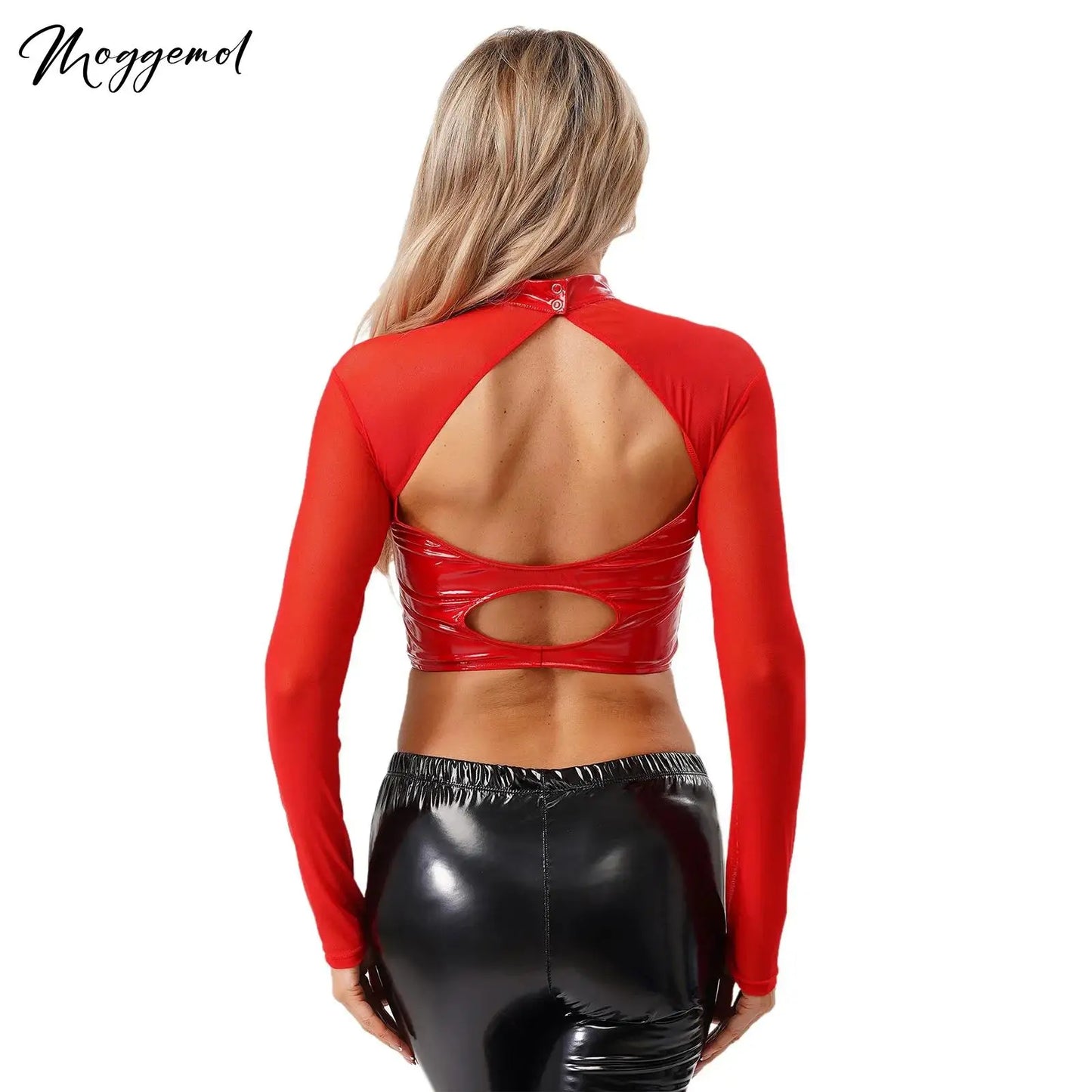 Womens Sheer Mesh Leather Patchwork Crop Top Long Sleeve Hollow Out Slim Fit Glossy Blouse Tops for Halloween Party Raves Dance