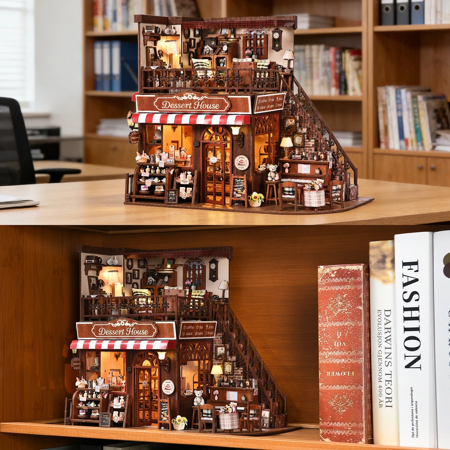 DIY Book Nook Kit Cake Shop Wooden  Bookshop Dollhouse with Light Loveliness Bookshelf Insert 3D Puzzle Decor for Gift
