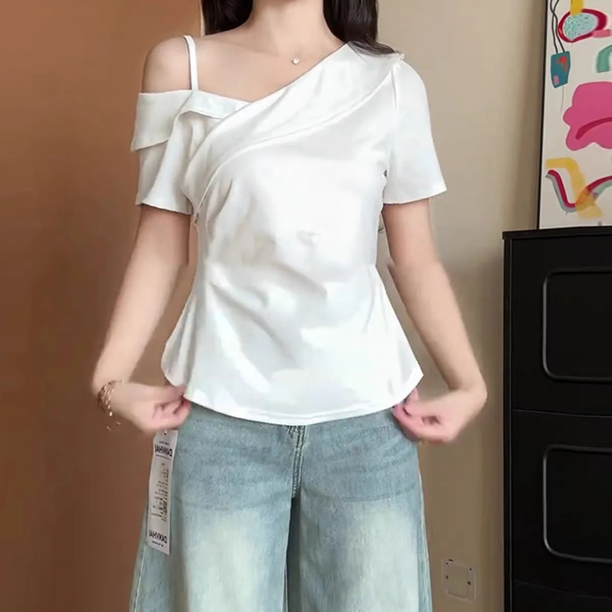 plus Size Slim Fit Short Sleeve Cross Neck Shoulder Bared T-Shirt Casual Style Versatile Summer New Arrival Women's Top