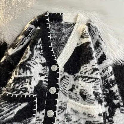 Man Clothes Black Y2k Vintage Tie Dye Knitted Sweaters for Men Cardigan V Neck Aesthetic with Pockets Maletry A Winter 2025 Fun