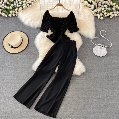 Faionable Casual Women's Set High Waist Wide Leg Pants Long Pants Two Piece Square Collar Slim Fit irt Spring