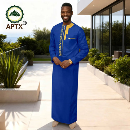 APTX Men's Traditional Muslim Robe 3-Pcs Set Long Sleeves African Dress Middle East Jubba Thobe Wedding Suit