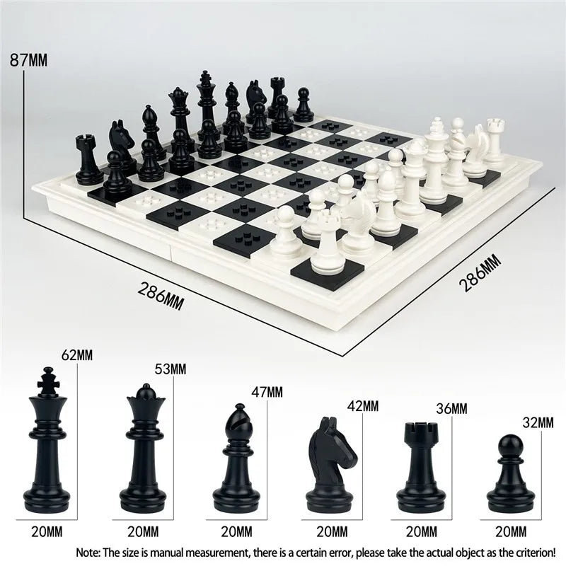 White Chess Set, Premium Folding Building Blocks with Storage Box, Black and White Design,Tabletop Game Toy For Children