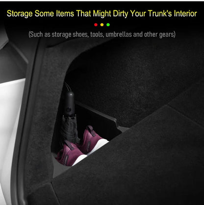 For Tesla Model Y Juniper Trunk Organizer Side Storage Box Bin Organizer Flocked TPE Mat Anti-dirty 2025 2026 Travel Accessories
