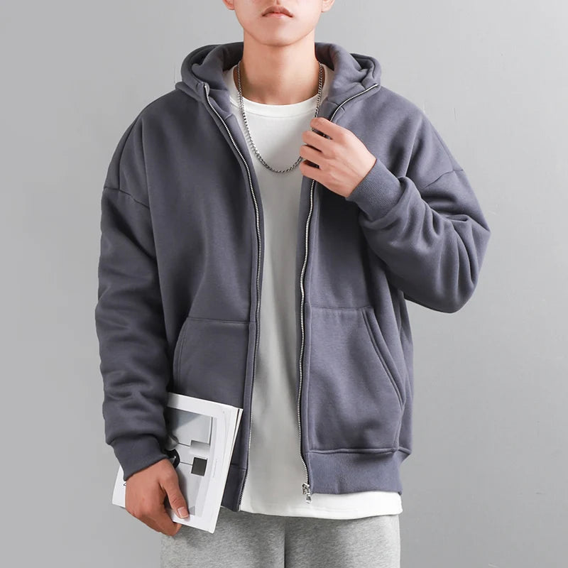 Dukeen Winter Hoodies for Men with Fleece Thicken Warm Zip-Up Hooded Shirt Casual Solid Color Woman Clothing White Black Coat