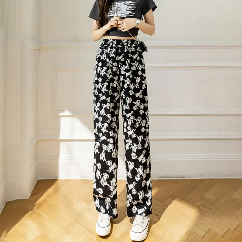 Summer Casual Loose Wide Leg Pants Women's Tie Dye Ink Ice Silk Loose Leopard Print Ethnic Style Long Pants Casual Trousers