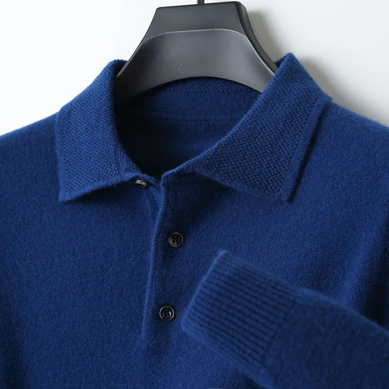 Autumn And Winter 100% Pure Wool Men's Polo Lapel Sweater Loose Large Size Casual Knit Bottoming Shirt