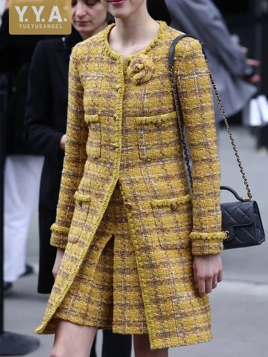 Autumn Winter Women Yellow  Grid Round Neck Long Style Designer Handmade Vintage Slim Fit Type Elegant Office Lady Two Piece Set
