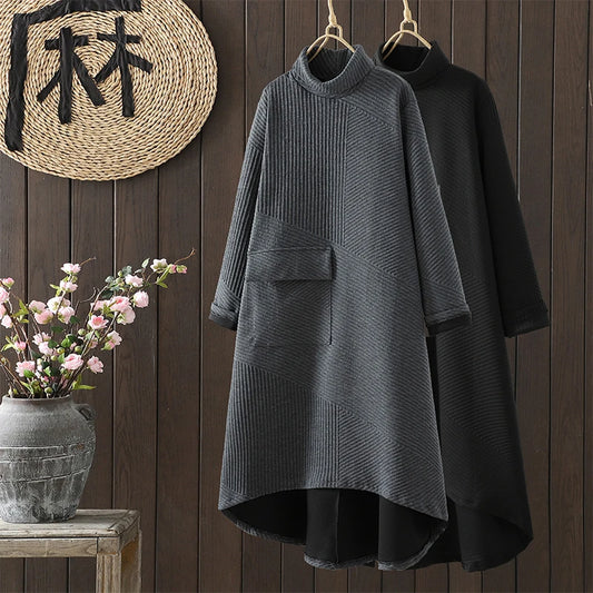 Retro Artistic High Collar Long Sleeve Midi Dress Loose Fit Autumn Winter plus Size  Color Commute Style Korean Fashion