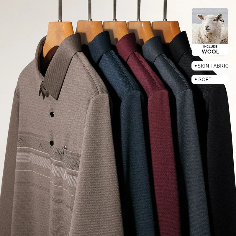 Luxury Wool Blend Fabric Men's Long Sleeve Polo Soft Touch For Father Years Classic Business Staple With Utility Focus