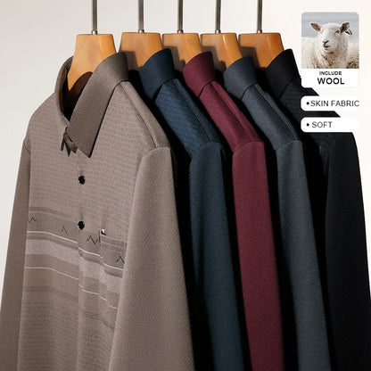 Luxury Wool Blend Fabric Men's Long Sleeve Polo Soft Touch For Father Years Classic Business Staple With Utility Focus