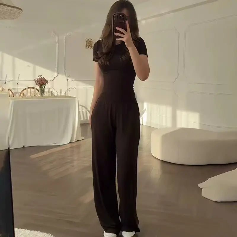Slimming round Neck  Color Top Wide Leg Pants Fashionable Two Piece Set Summer New Style Casual Wear Polyester Fiber