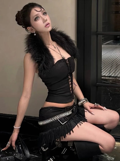Sisterlinda Furry Patchwork Sexy Tank Top Women Y2K Halter Backless Shirring Sleeveless Stretch Coquette Midnight Party Clubwear