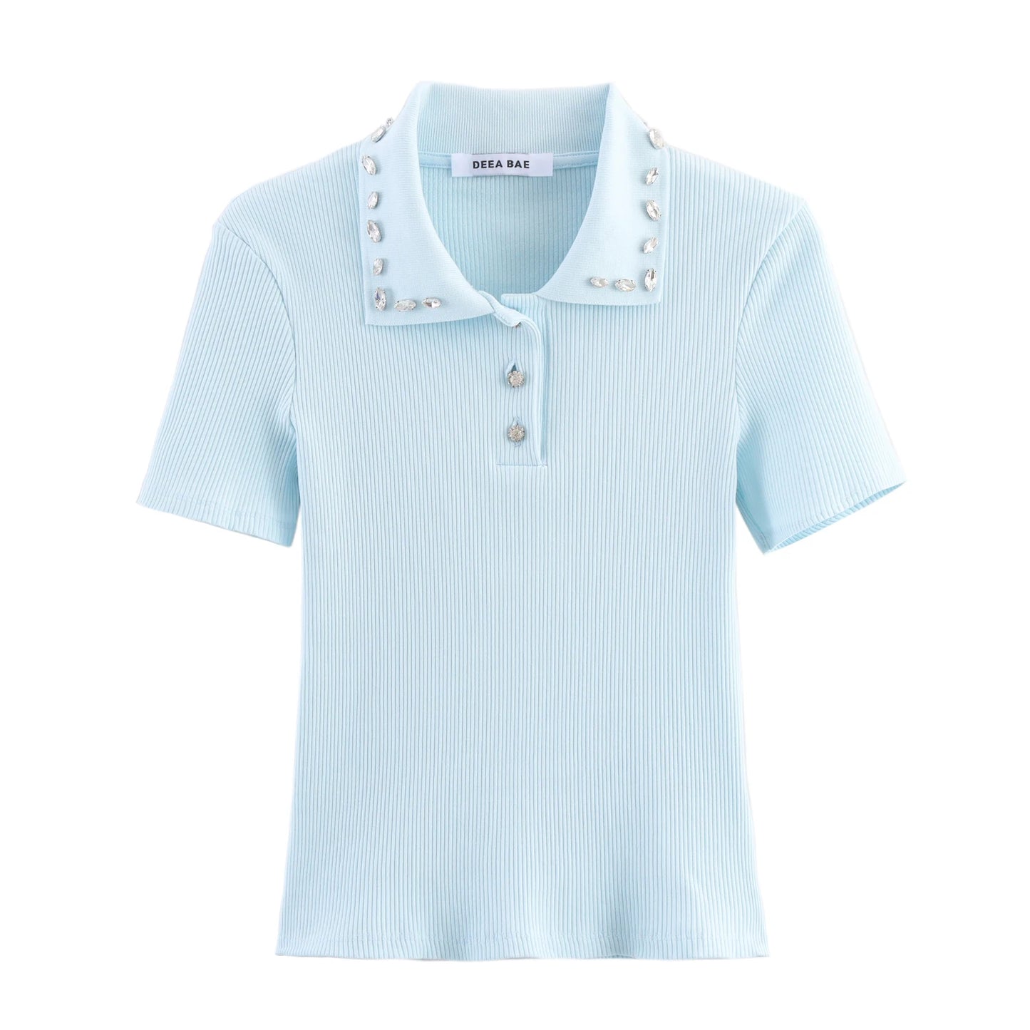 Retro American Diamond Embedded Short Sleeve Knitted T-shirt Women's Sweet Anti-aging Top Jewelry Collar Turn-down Collar