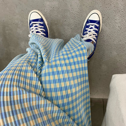 Summer Thin High Waist Casual Wide Leg Pants Women's Folded Texture Split Trousers Cool Korean Style Commute Polyester Cotton