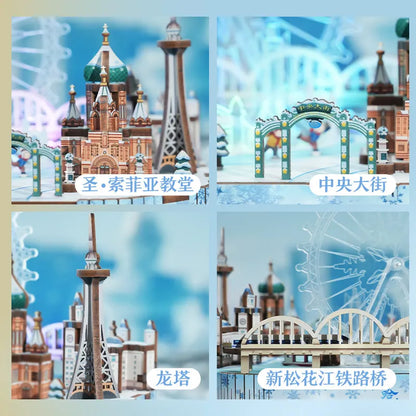 Tonecheer Lucky Mahjong City Music Box Wooden Puzzle Building Blocks Diorama Model Kit 3D Wooden Gift Toy Dollhouse Decoration