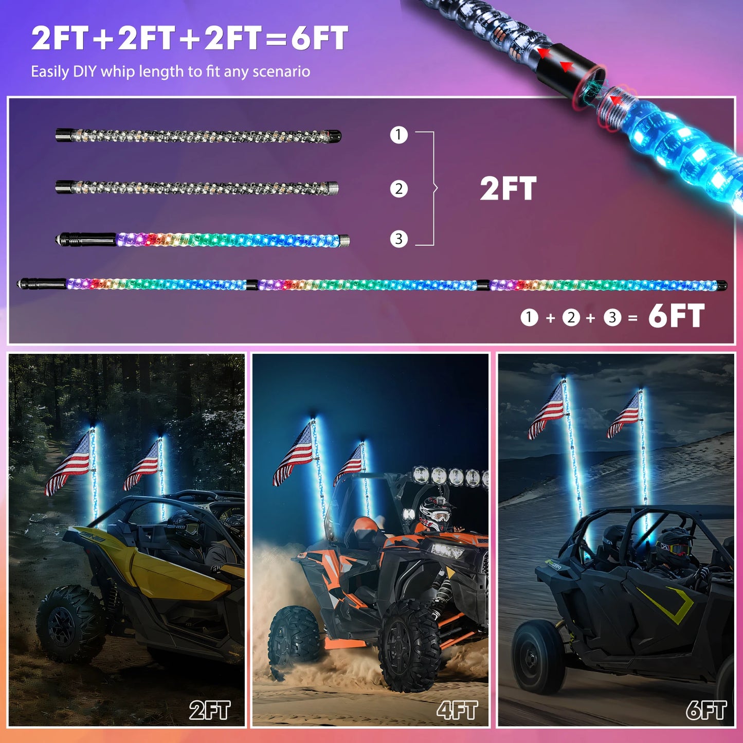 1PC 4FT 5FT 6FT Splitable LED Whip Light APP Remote Control Chasing Color for UTV ATV Polaris RZR Can-Am Maverick X3 UTV ATV RZR