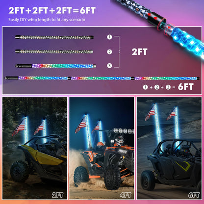 1PC 4FT 5FT 6FT Splitable LED Whip Light APP Remote Control Chasing Color for UTV ATV Polaris RZR Can-Am Maverick X3 UTV ATV RZR