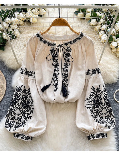 Women Bohemian Blouse Embroidered Lace Up V- Neck Lantern Sleeve Blouse Autumn Embroidery Linen-cotton Blend Female Top D78