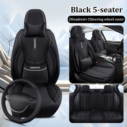 Premium PU Leather Auto Seat Covers Set with Built-in Lumbar Support +2 Headrest Covers +1 Steering Wheel Cover Comfortable