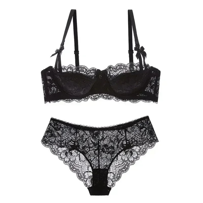 BANERDANNI French Lace Bralette Set Breathable Non-Padded Bra for Petite Sheer Floral Lingerie Wireless Comfort Anti-Gap Design