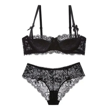 BANERDANNI French Lace Bralette Set Breathable Non-Padded Bra for Petite Sheer Floral Lingerie Wireless Comfort Anti-Gap Design