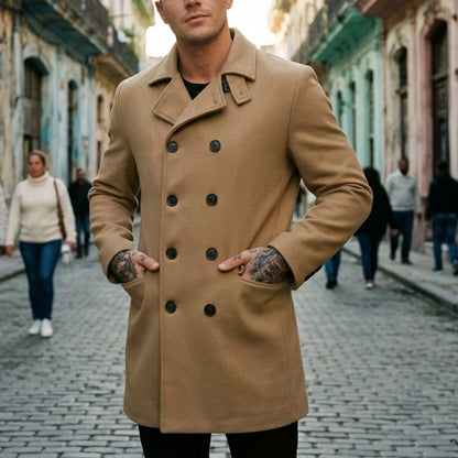 New Winter Men's Wool Blends Double-Breasted Knee-Length Trench Coat - Windproof Casual Street Long-Length Outerwear for Men