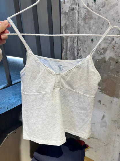 Lace Trim Buttons Solid Tank Top Women U Collar Sleeveless Cotton Slim Camis Sweet Chic Casual Preppy Style Vest Crop Tops Y2k