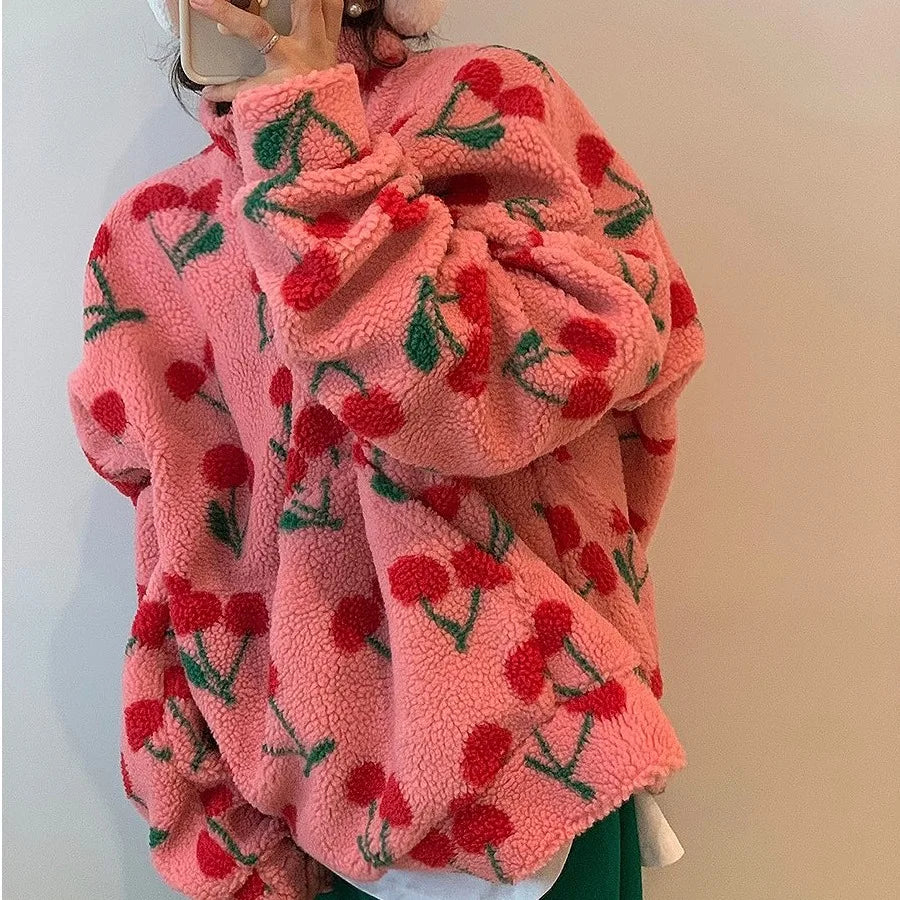 Chic Korean Style Fleece Cherry Hooded Sweater Warm Plush Anti-Aging Overhead Cotton Women's Fashion Winter Clothing
