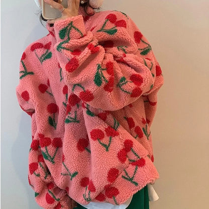 Chic Korean Style Fleece Cherry Hooded Sweater Warm Plush Anti-Aging Overhead Cotton Women's Fashion Winter Clothing