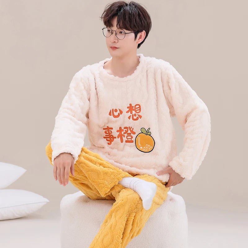 Pajama Set Men O-neck Long Sleeve Striped Comfortable Warm Flannel Mens Pajamas Big Yards XXXL Korean Style Home Clothing Casual