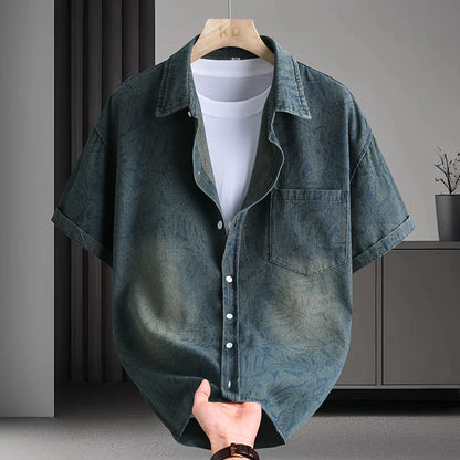 Summer new style tie-dye plain-patterned fashionable and stylish casual loose short-sleeved denim shirt for men