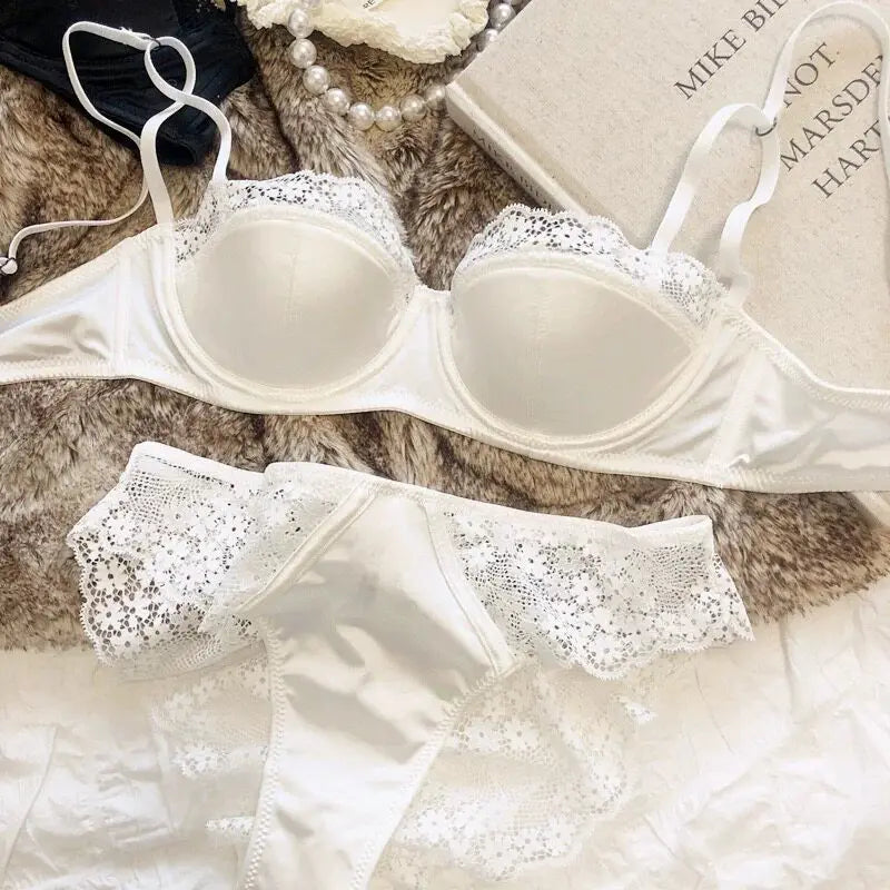 Hot Sale French Style Lace Satin Lingerie Set For Women, Sexy Push Up Thin Comfortable Breathable Daily Wear Intimates Bra Set
