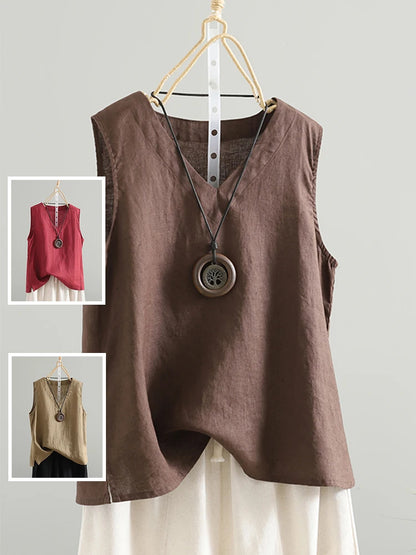 Slimming Pure Color Cotton Linen Lightweight Sleeveless round Neck Inner Wear Large Size Women's Fashionable Versatile Top