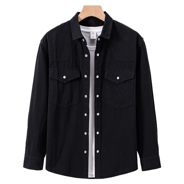 100% Cotton Workwear Shirt Jacket, Korean Snap Button Design, Enzyme Wash Vintage, Khaki Black Grey Beige S-4XL