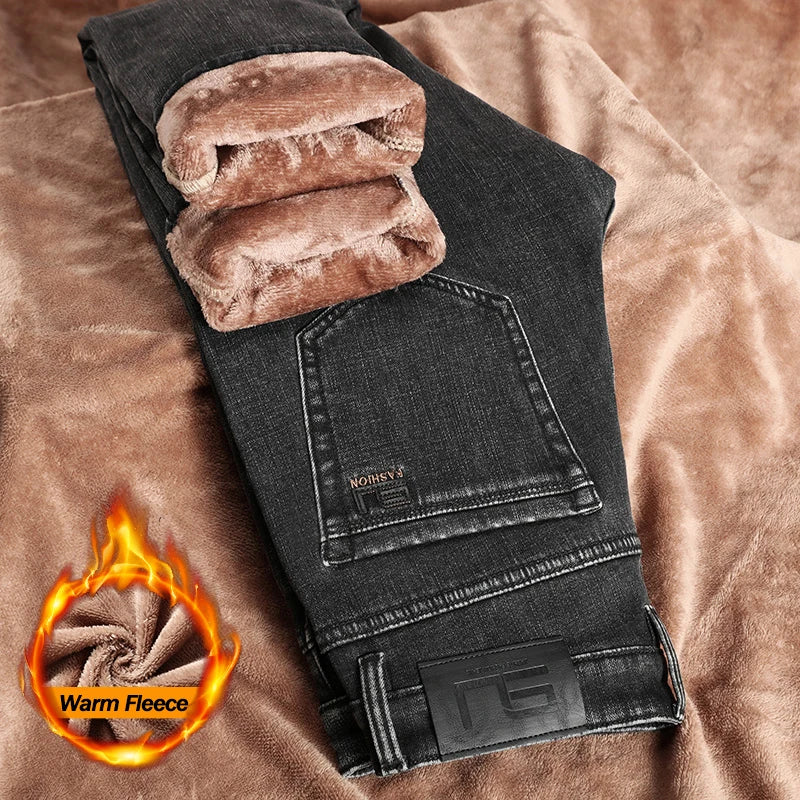 Winter Thickened Fleece Jeans Men's High Quality Slim Straight Elastic Casual Denim Pants Warm Plush Velvet Fashion Trousers
