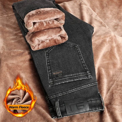 Winter Thickened Fleece Jeans Men's High Quality Slim Straight Elastic Casual Denim Pants Warm Plush Velvet Fashion Trousers