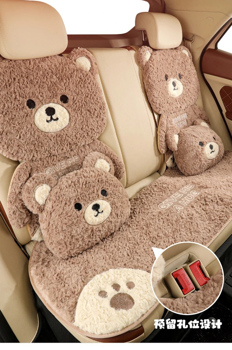 Cartoon 3D Bear Universal Car Seat Cushion Covers Plush Backrest for Autumn Winter Warm Cute Designed Seat Accessories
