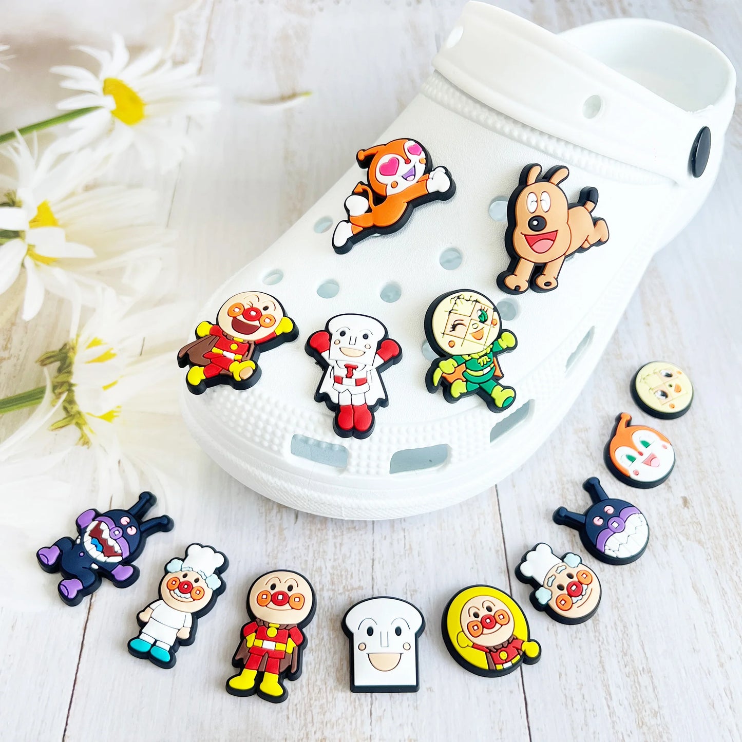 16-100pcs Anpanman Cartoon Shoe Charms PVC DIY Shoes Decoration Bracelet Wristband Sandal shoe Accessories Buckle for Kids Gifts